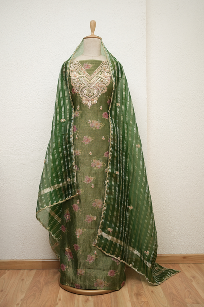 GREEN CRUSH TISSUE KURTA WITH CORD & SEQUIENCE