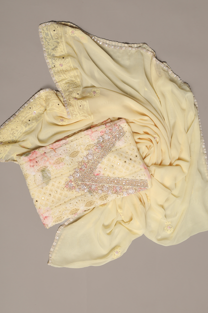 Yellow Printed Georgette Chikankari Kurta Set Enhanced with Zardozi Neckline
