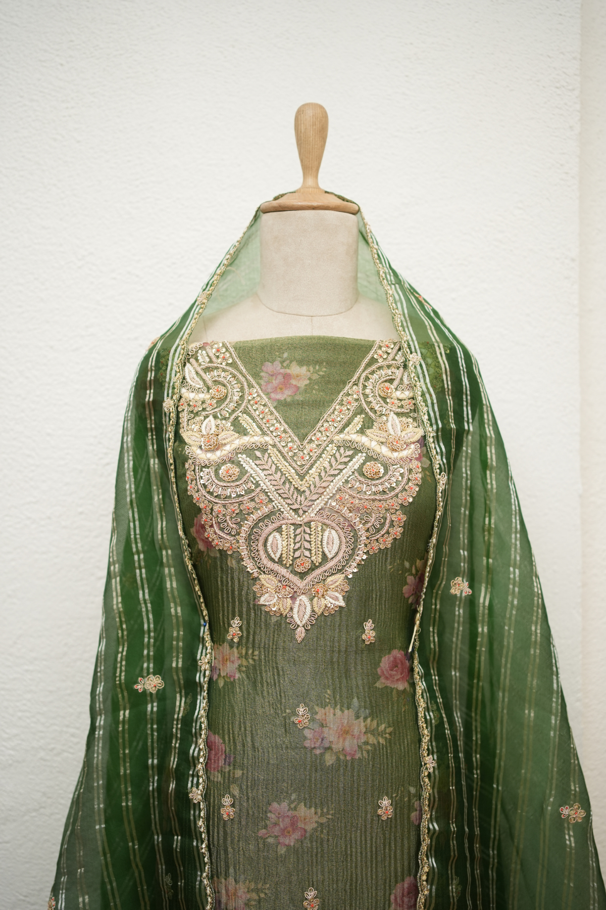 GREEN CRUSH TISSUE KURTA WITH CORD & SEQUIENCE