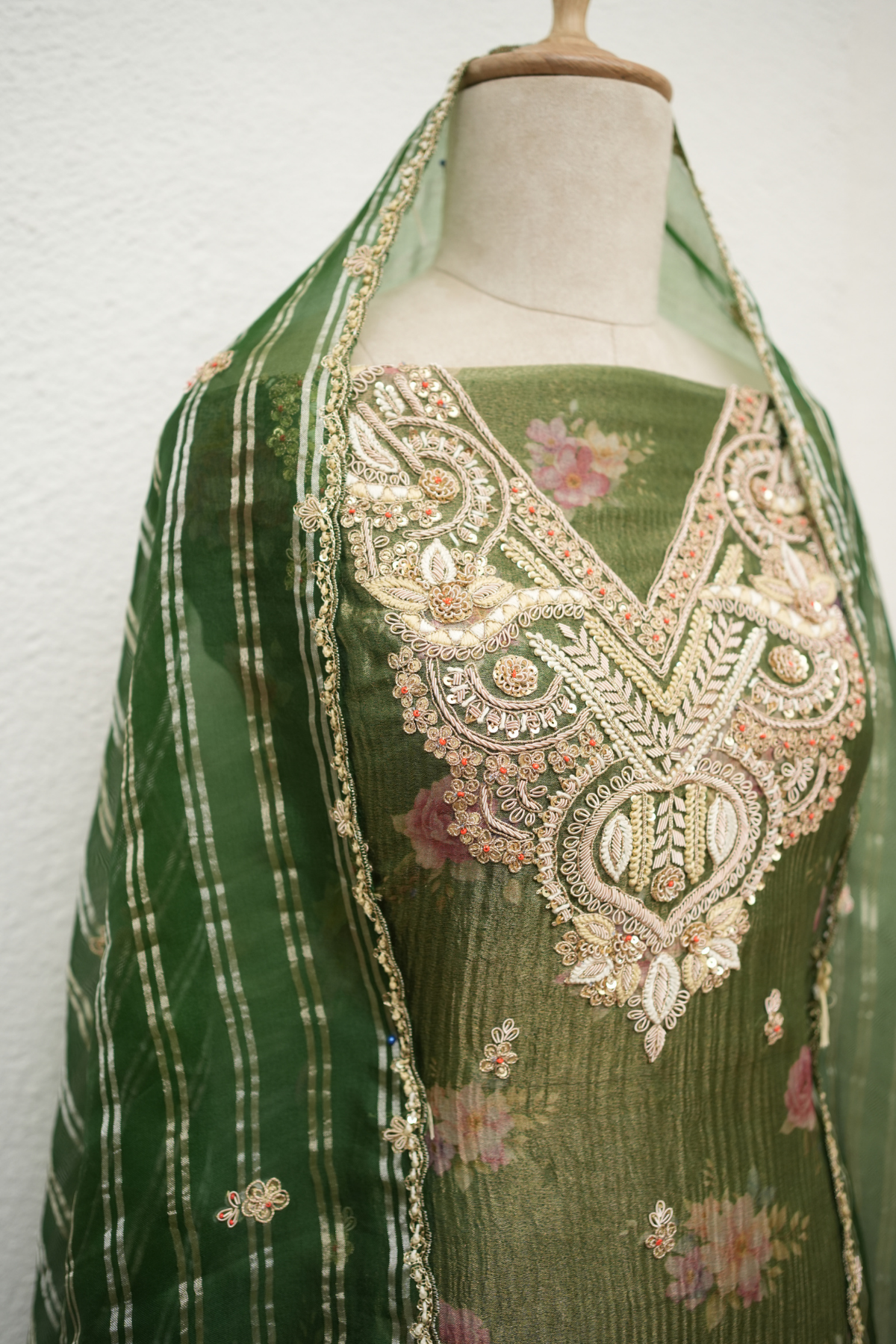 GREEN CRUSH TISSUE KURTA WITH CORD & SEQUIENCE