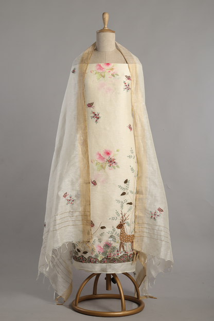 Off White Linen Printed Kurta Set Highlighted with Intricate Deer Motif Embroidery