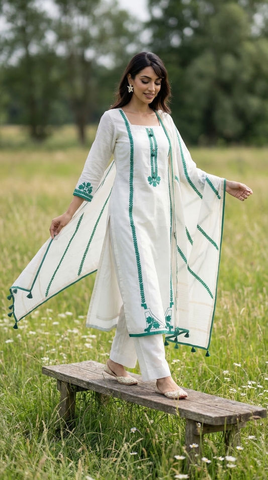 Feather White & Green Mul unstitched Kurta Set with Contrast Applique