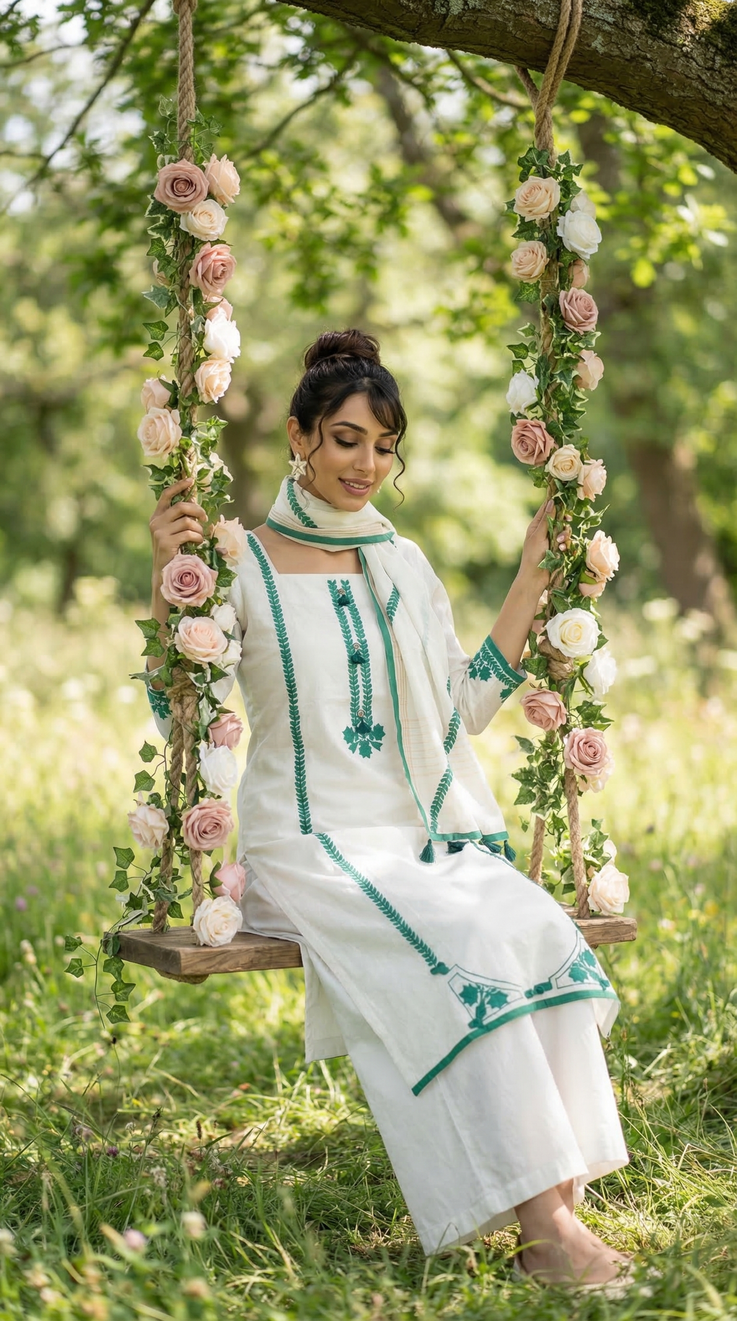 Feather White & Green Mul unstitched Kurta Set with Contrast Applique
