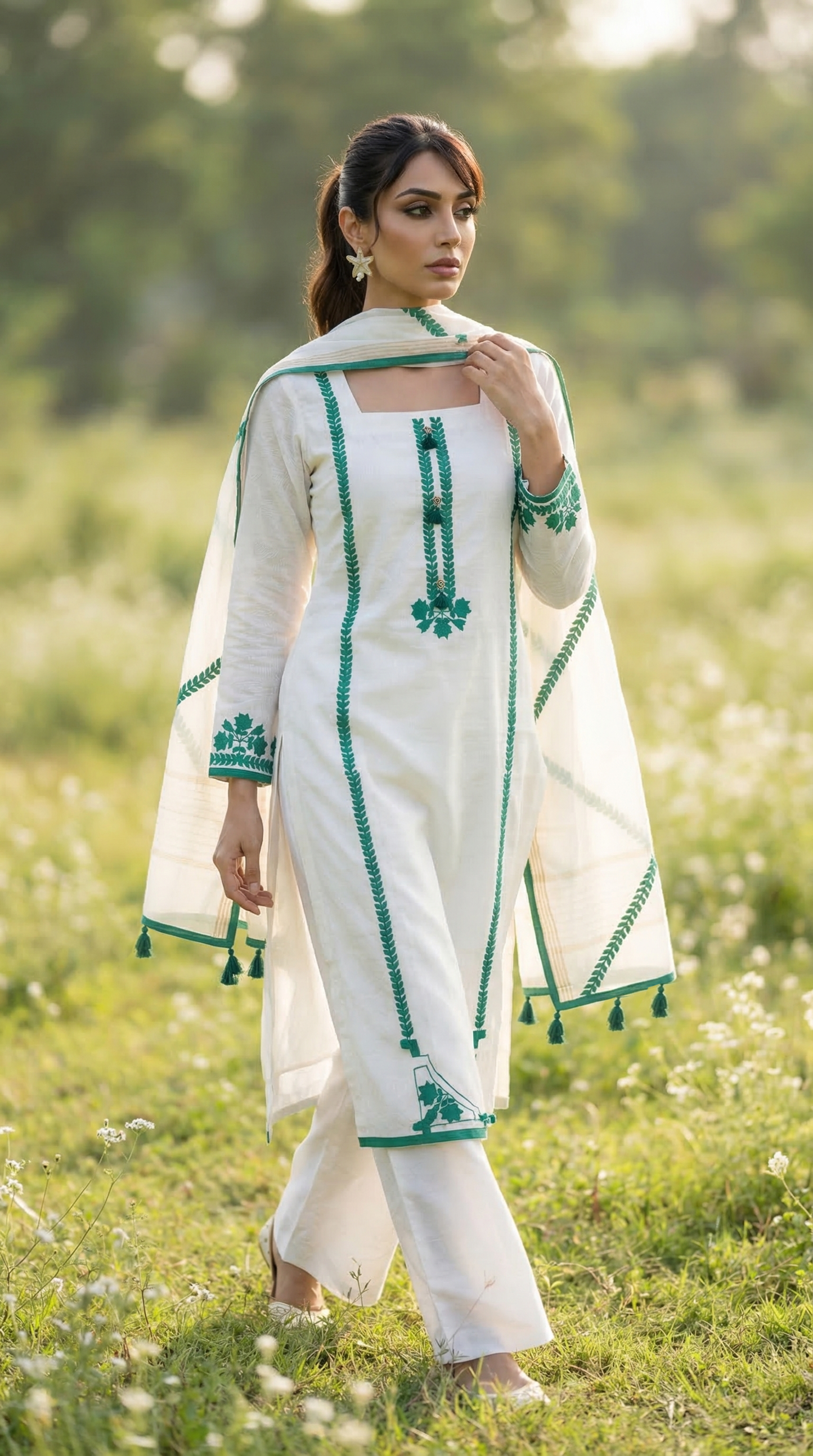 Feather White & Green Mul unstitched Kurta Set with Contrast Applique