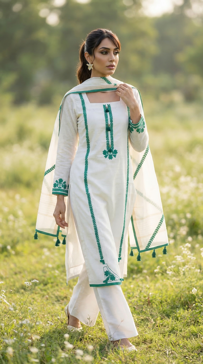 Feather White & Green Mul unstitched Kurta Set with Contrast Applique