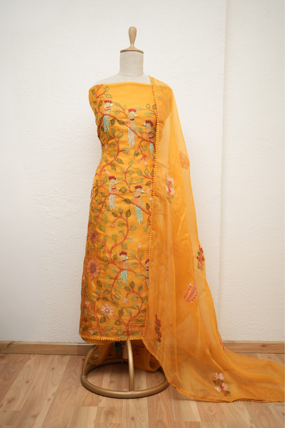 YELLOW KATHA STITCHED KURTA SET