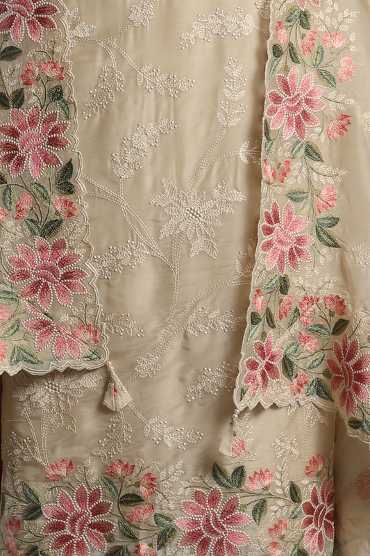 Bengal Silk Beige Kurta Set with Intricate Parsi Embroidery