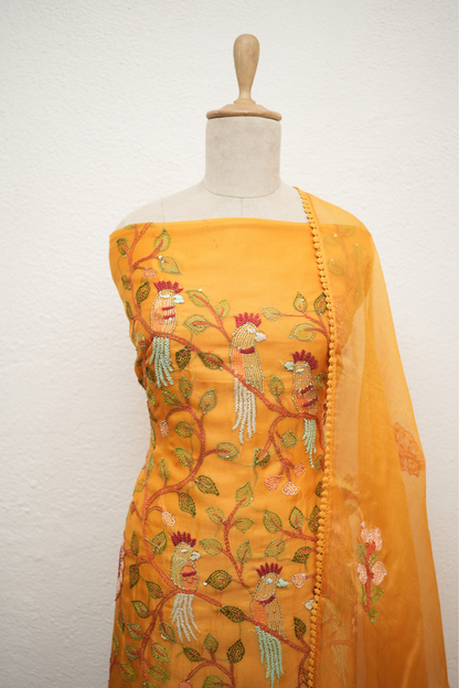 YELLOW KATHA STITCHED KURTA SET