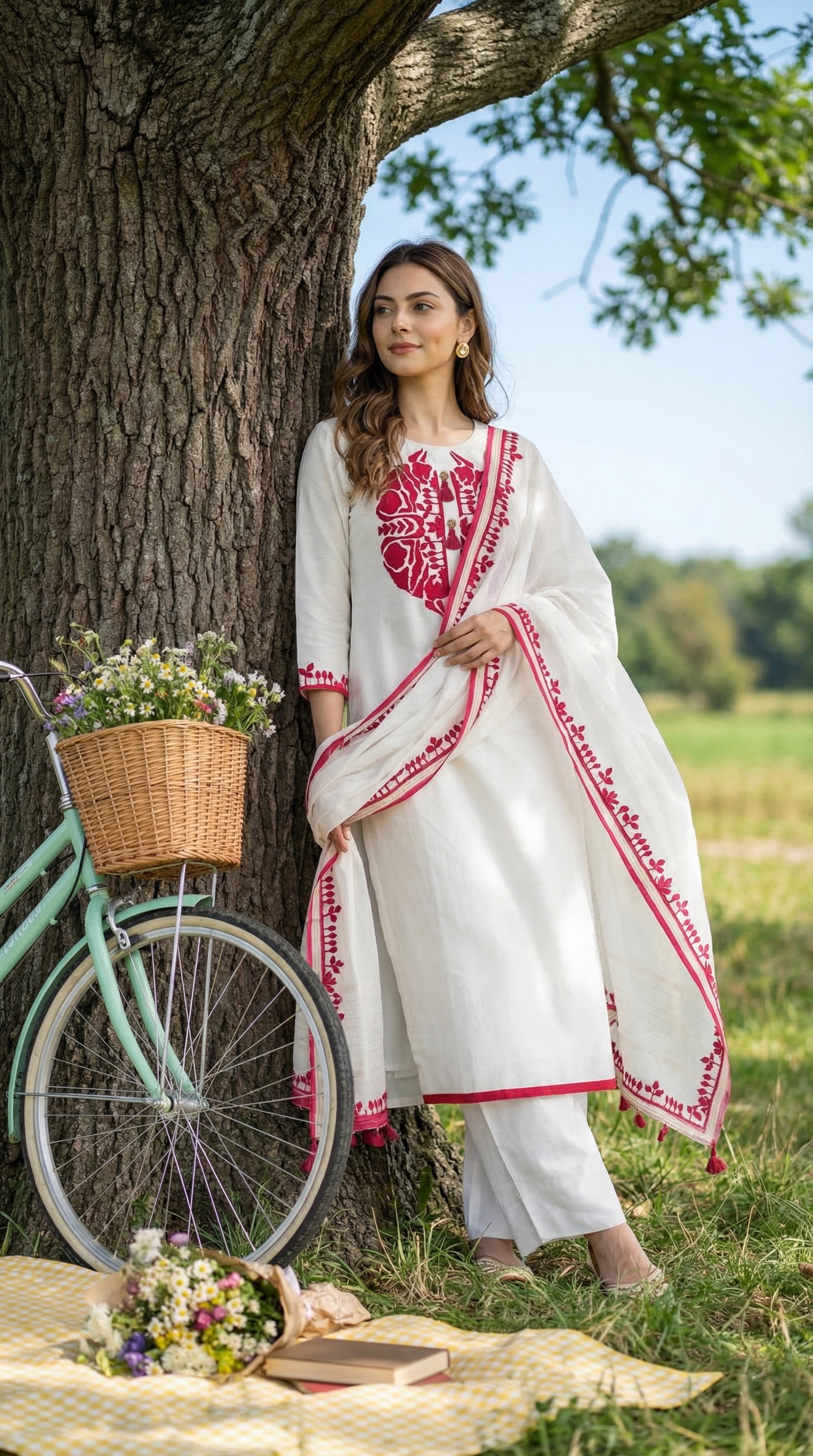 Ivory White-Pink Dual Tone Mul Kurta Set with Contrast Applique