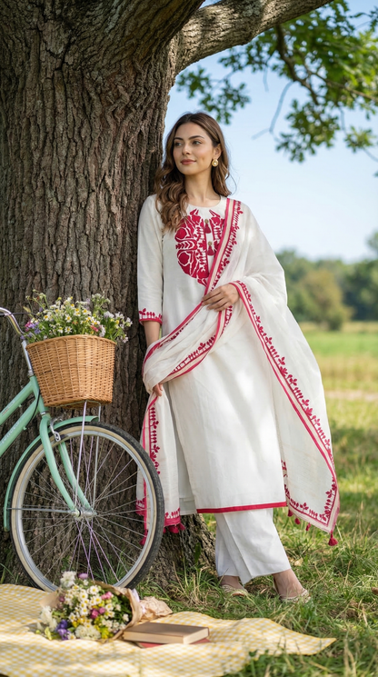 Ivory White-Pink Dual Tone Mul Kurta Set with Contrast Applique