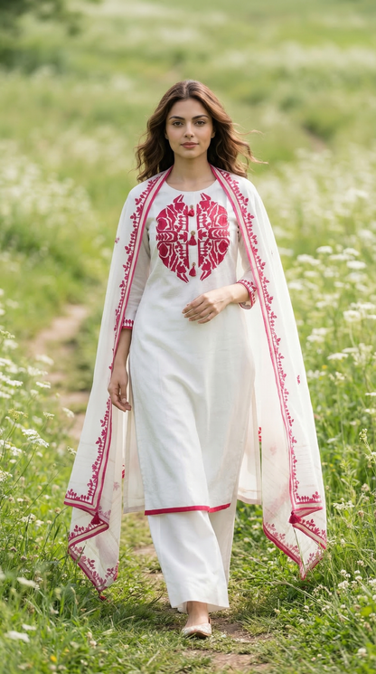 Ivory White-Pink Dual Tone Mul Kurta Set with Contrast Applique