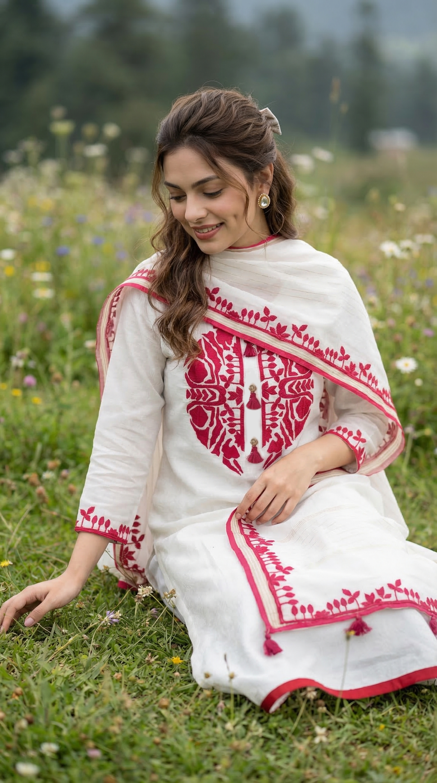 Ivory White-Pink Dual Tone Mul Kurta Set with Contrast Applique