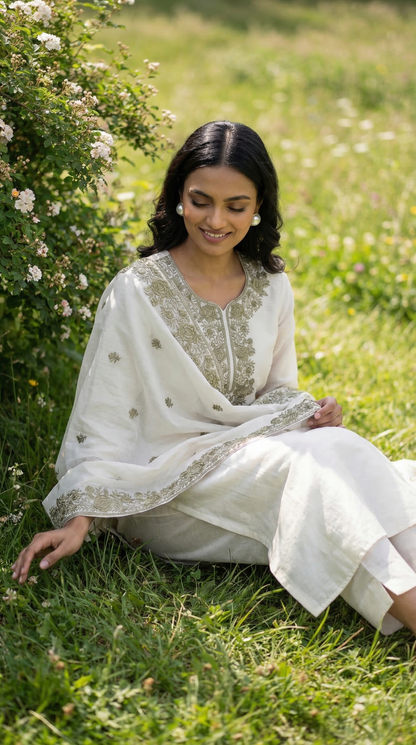 Feather White & Black Highlighted Mul Kurta Set with Parsi Embroidery