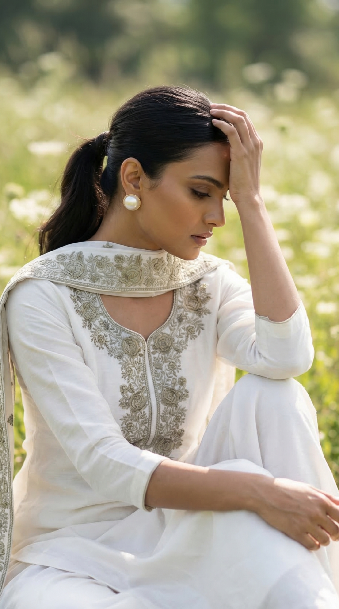 Feather White & Black Highlighted Mul Kurta Set with Parsi Embroidery
