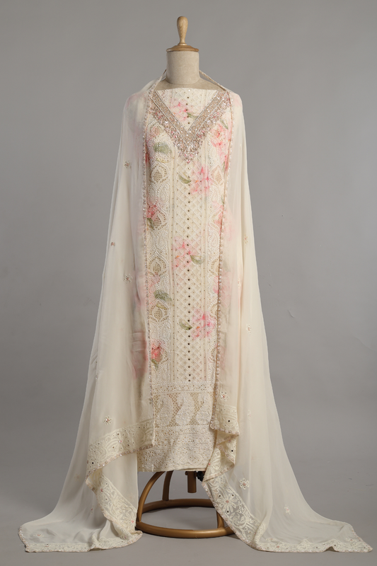 Off White Printed Georgette Chikankari Kurta Set Enhanced with Zardozi Neckline