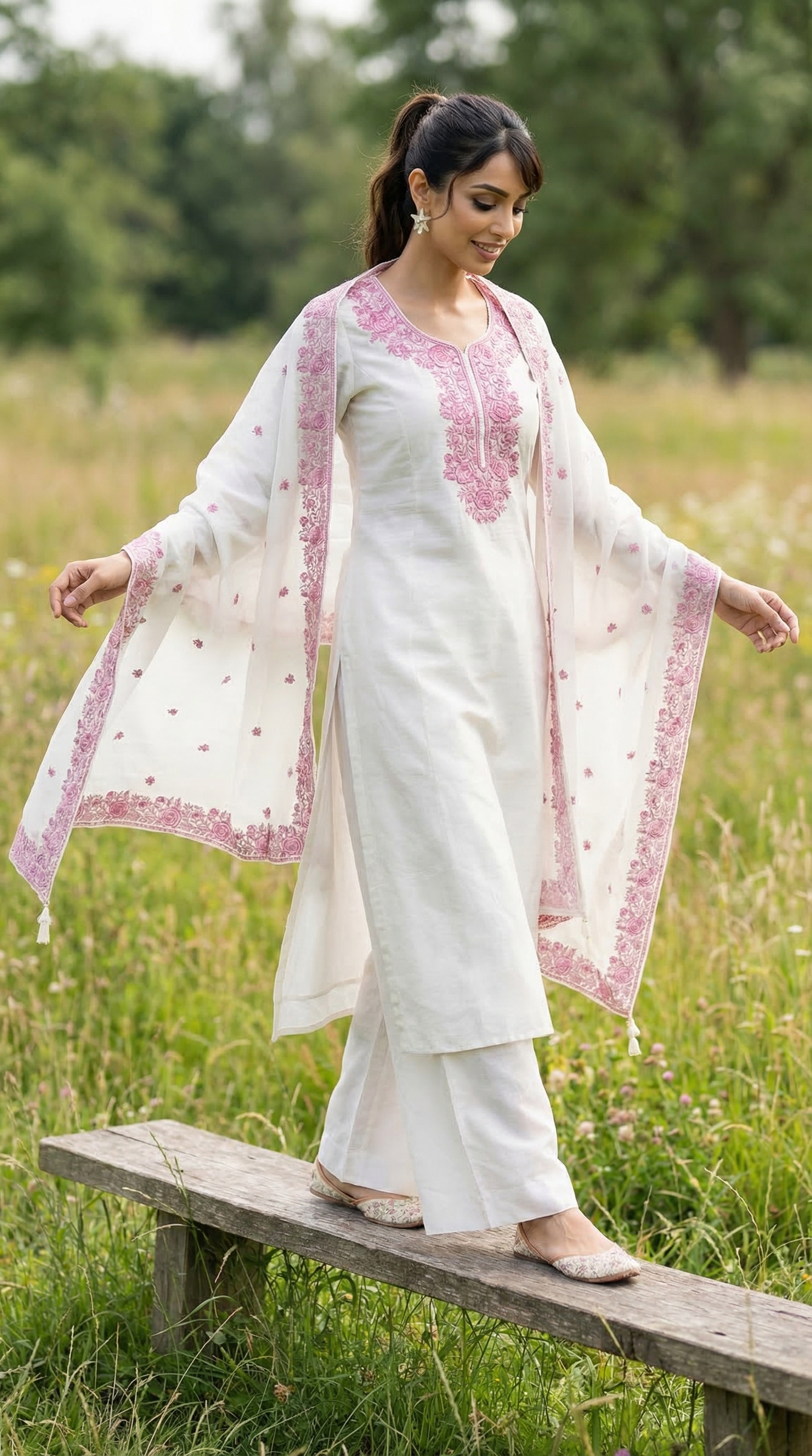Feather White & Pink Highlighted Mul Kurta Set with Parsi Embroidery
