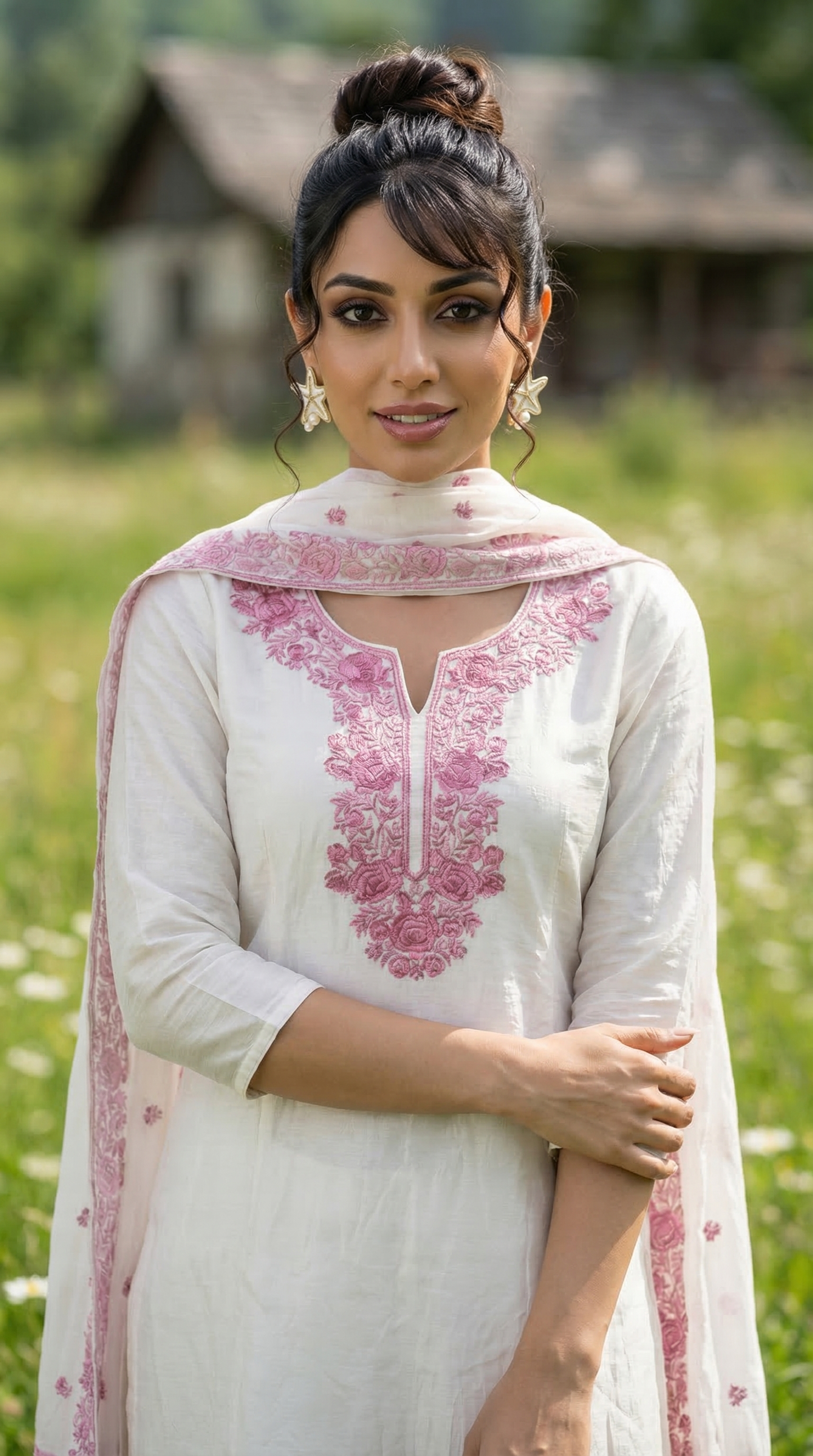 Feather White & Pink Highlighted Mul Kurta Set with Parsi Embroidery