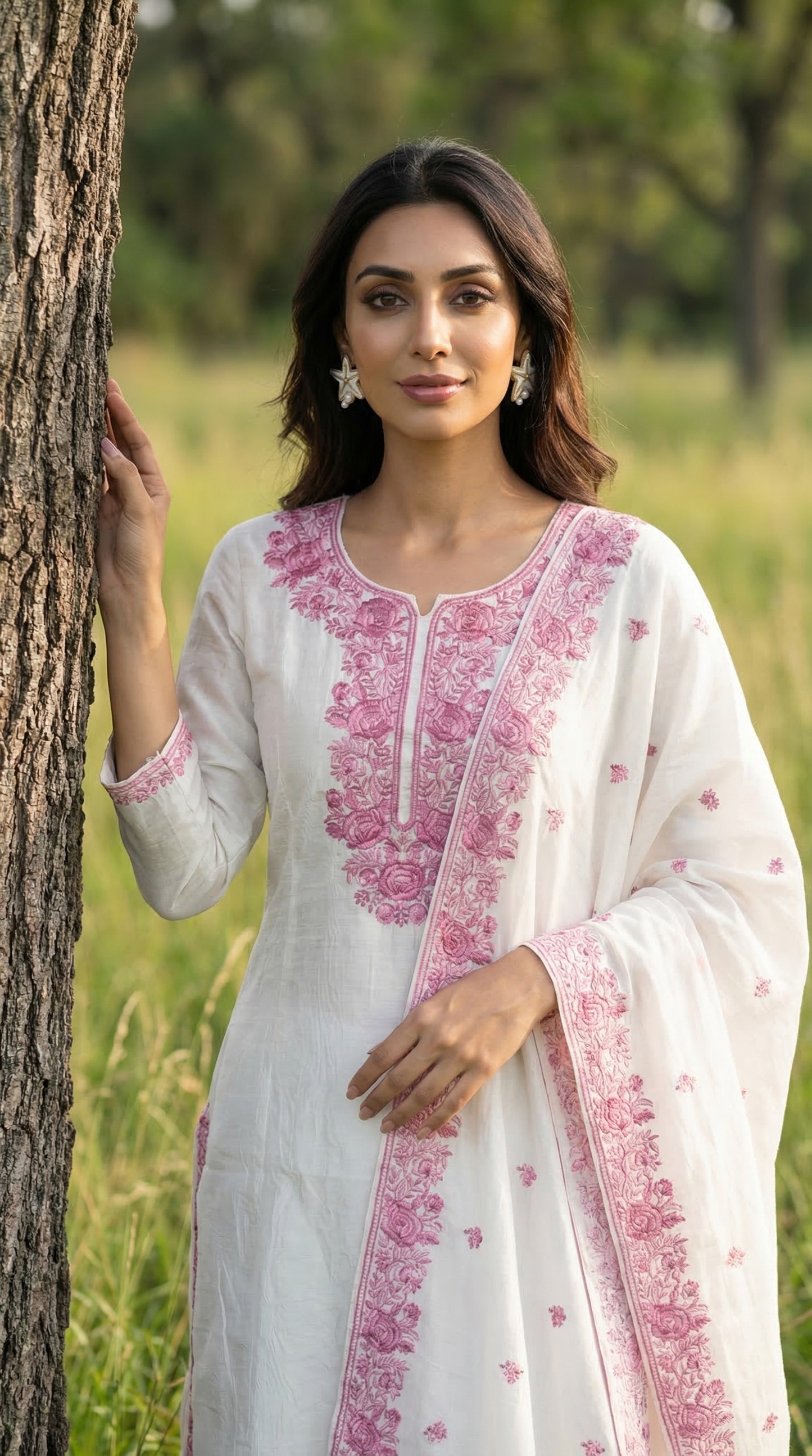 Feather White & Pink Highlighted Mul Kurta Set with Parsi Embroidery