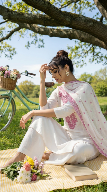 Feather White & Pink Highlighted Mul Kurta Set with Parsi Embroidery