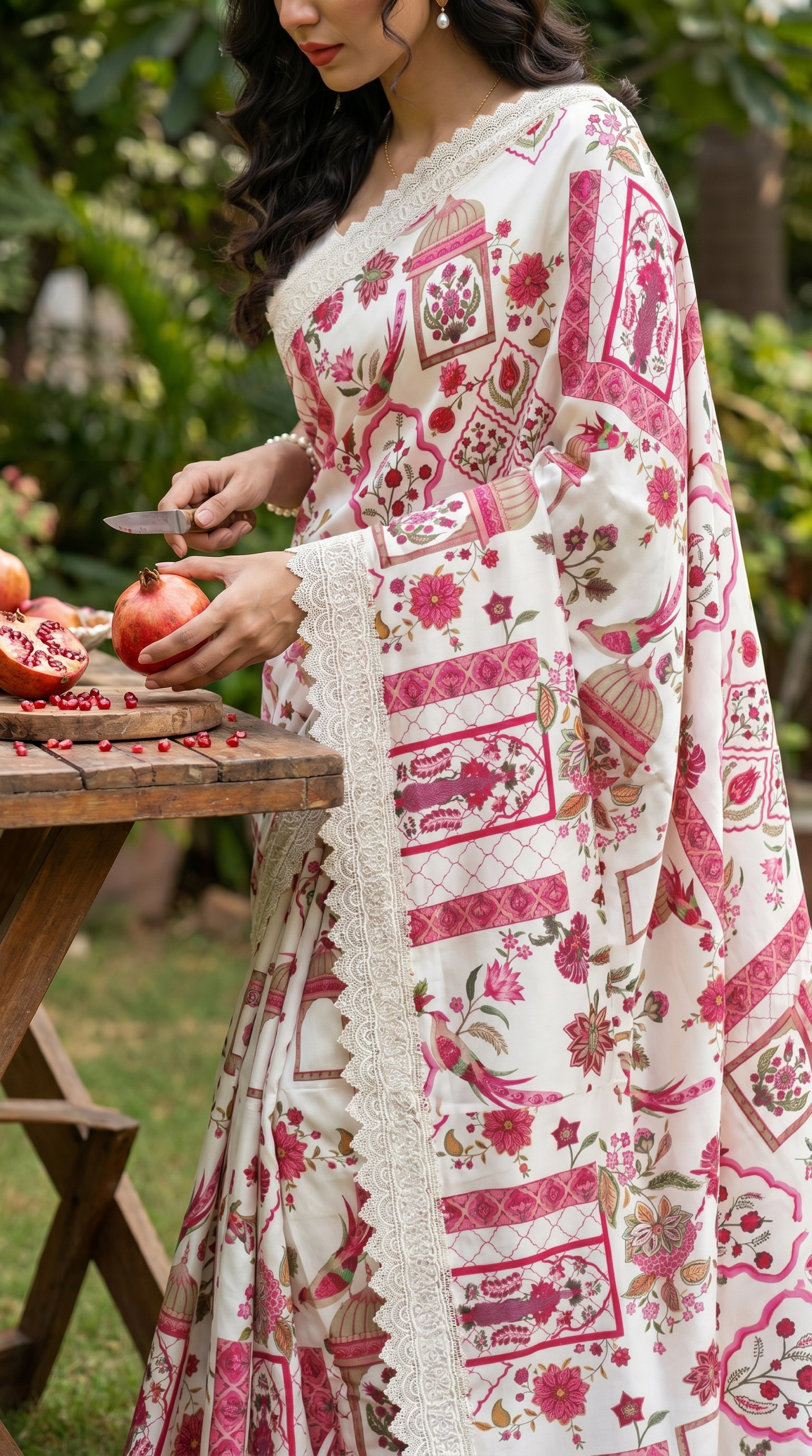 Cream Coloured Pink Floral Pinted Saree