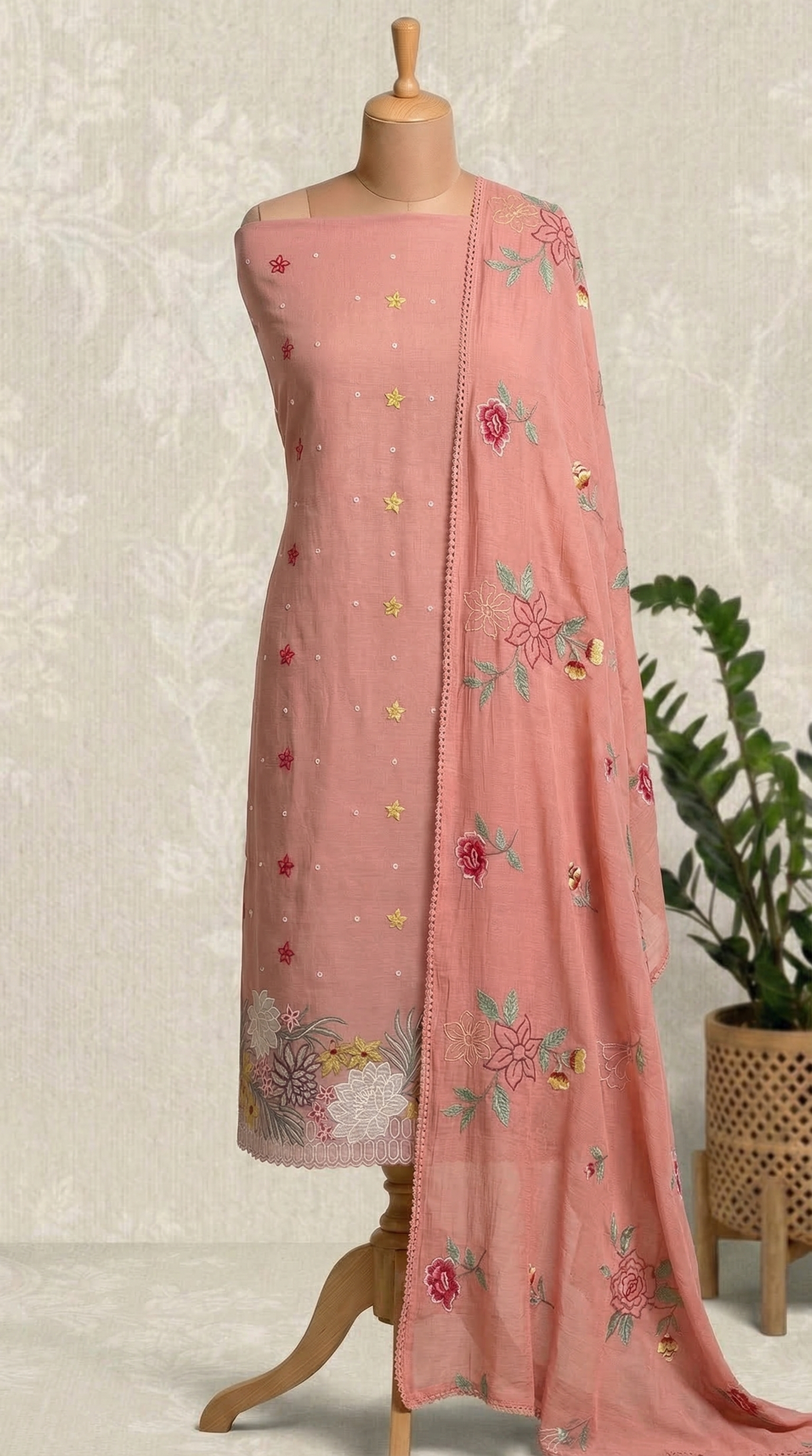 Peach Pink Resham Embroidery Mul Mul Unstitched Suit Set