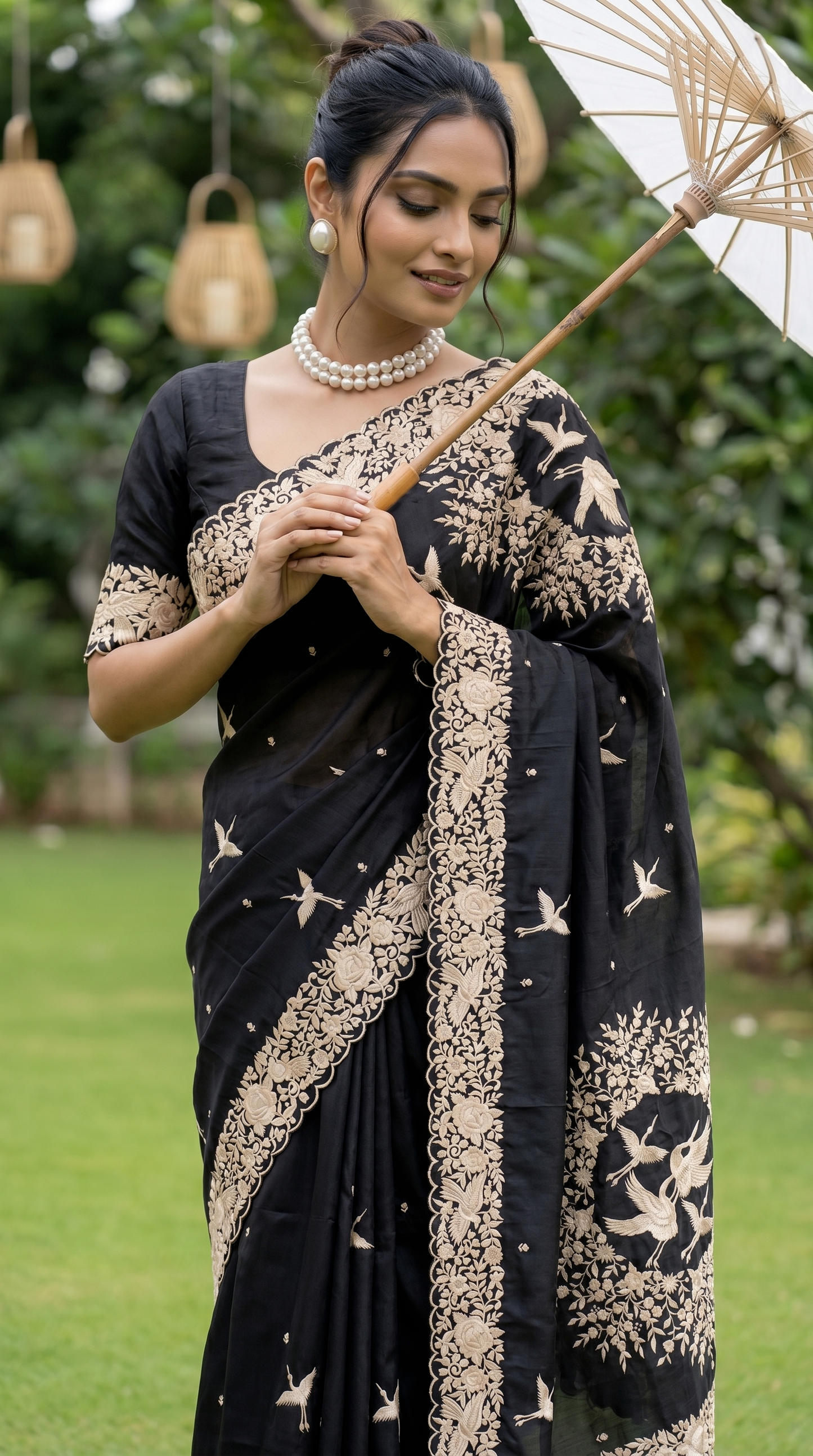 Black Coloured Thread Embroidery Saree