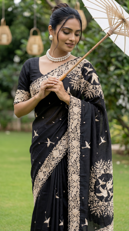 Black Coloured Thread Embroidery Saree