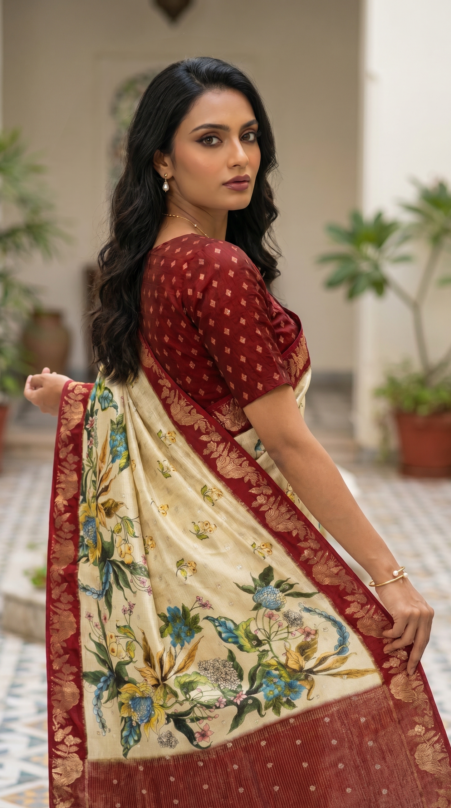 Cream Coloured Tussar Silk Saree