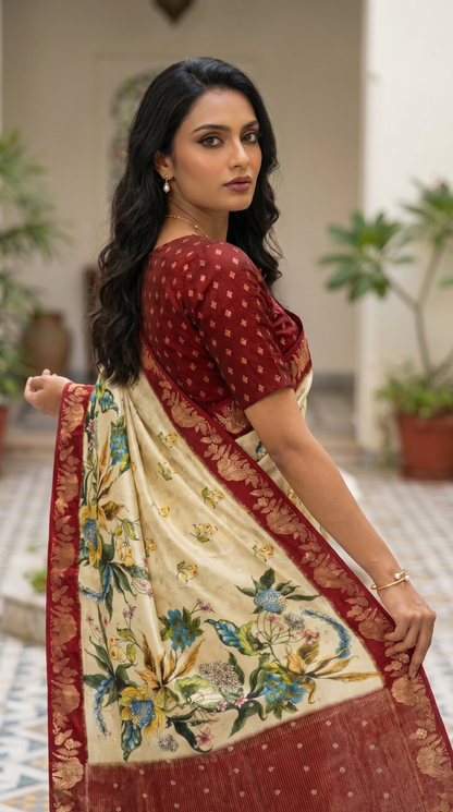 Cream Coloured Tussar Silk Saree