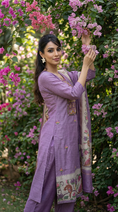 Resham Embroidery Lilac Chanderi Stitched Suit Set