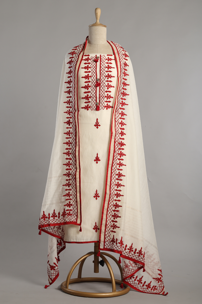White & Red Mul Kurta Set with Unique Patch Work