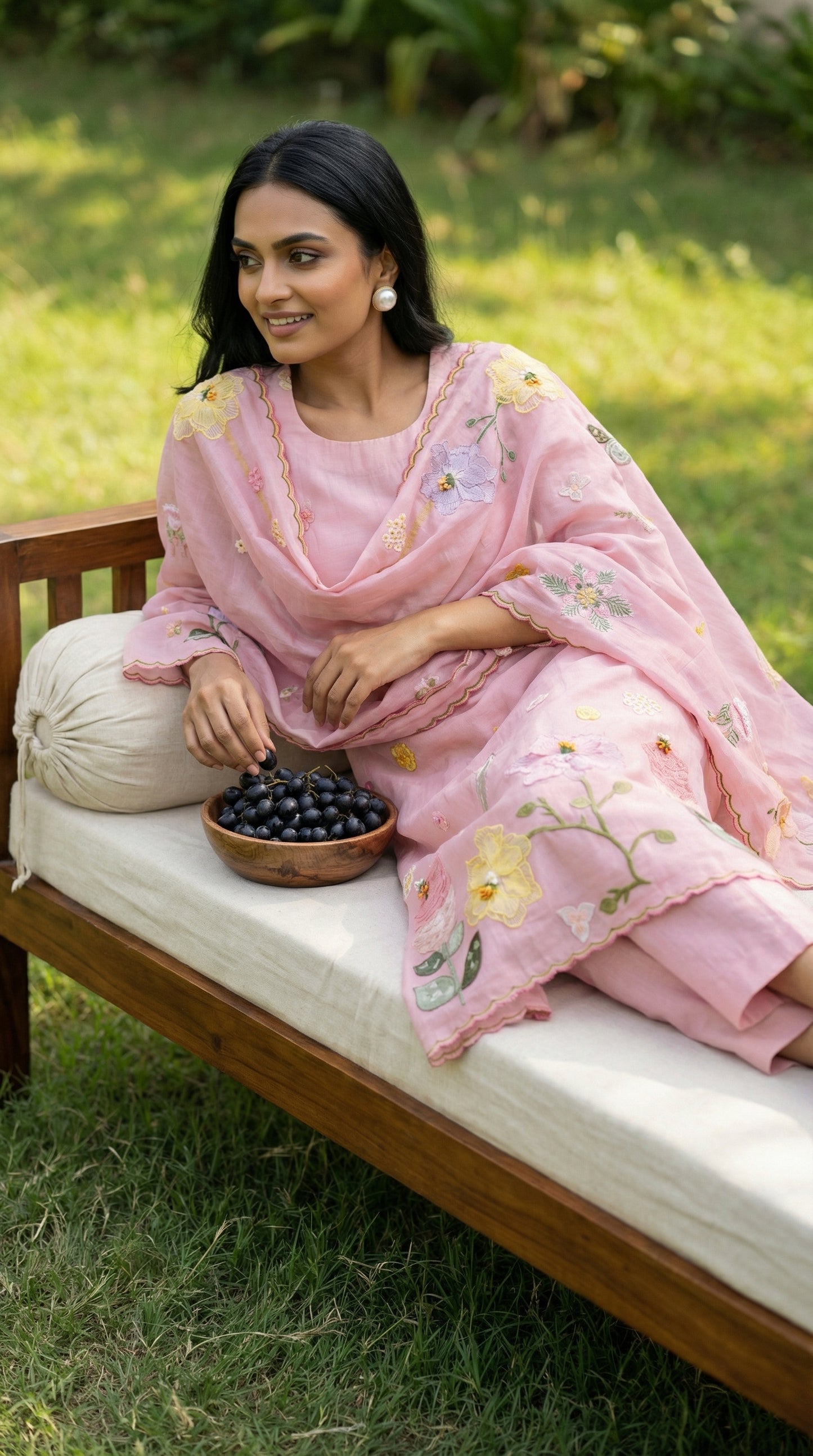 Powder Pink 3D Applique Mul mul Stitched Suit Set