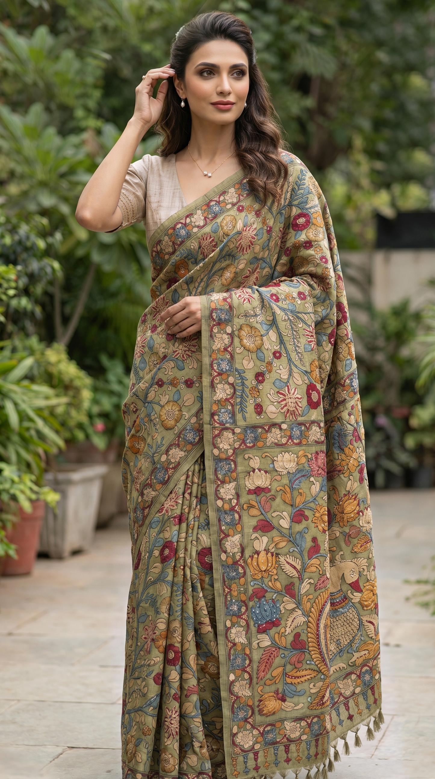 Sage Green Tussar Silk Saree