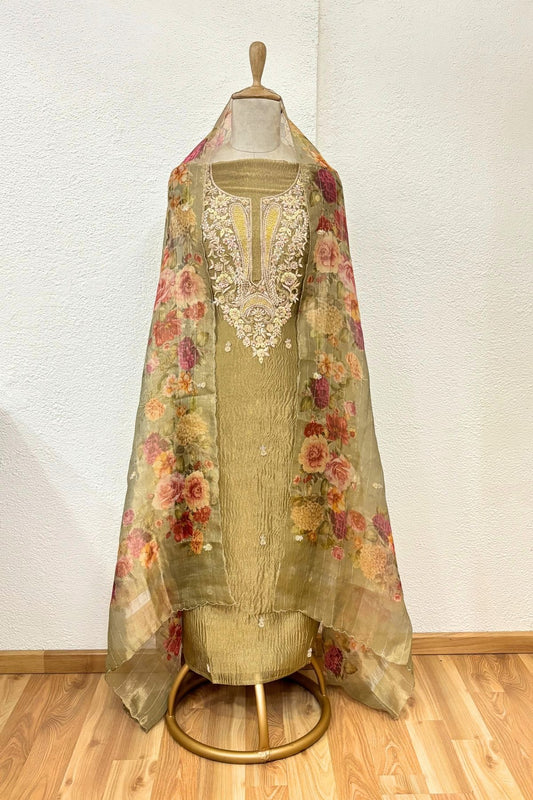 SAGE GREEN CRUSH TISSUE KURTA WITH FLORAL PRINT DUPATTA