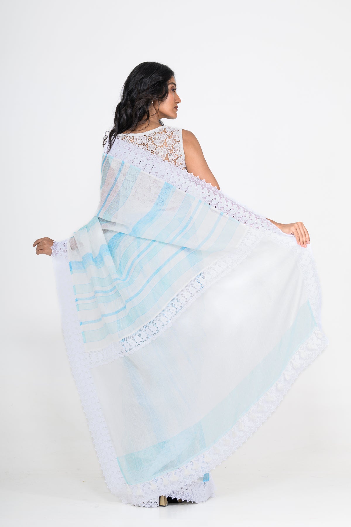 Printed Light Blue Pure Linen Saree