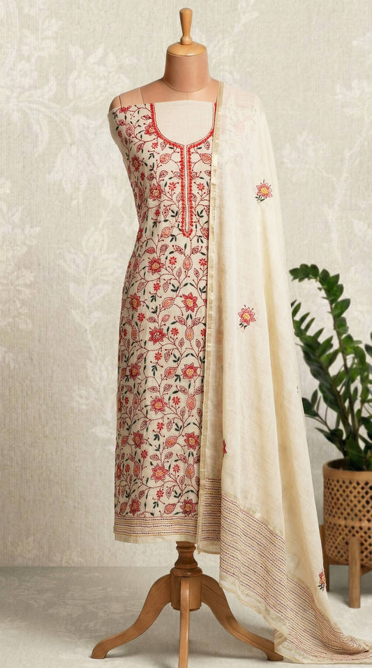 Resham Embroidery Beige & Orangish Red chanderi Unstitched Suit Set