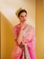 Elinor-Velvet Visions-4D pink/rani Organza saree