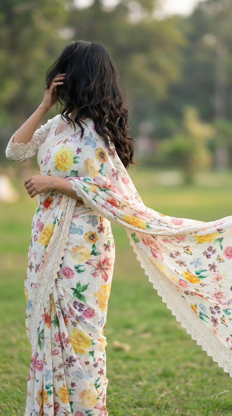 Ivory Georgette Saree