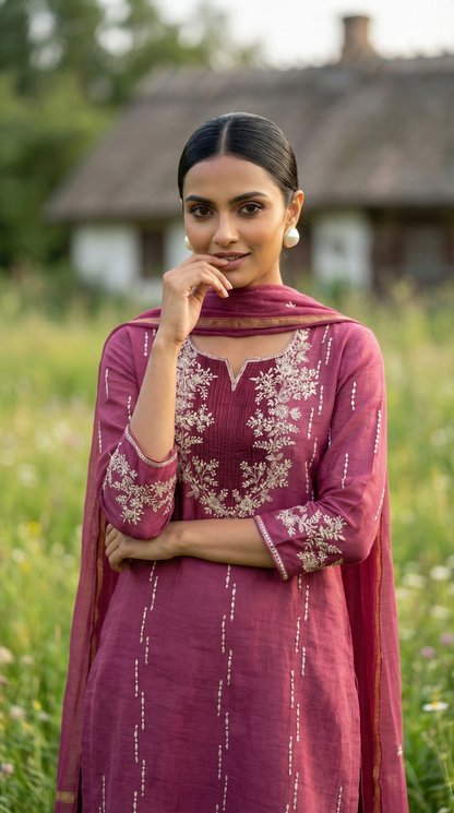 Plum Resham Embroidery Mul Mul Suit Set