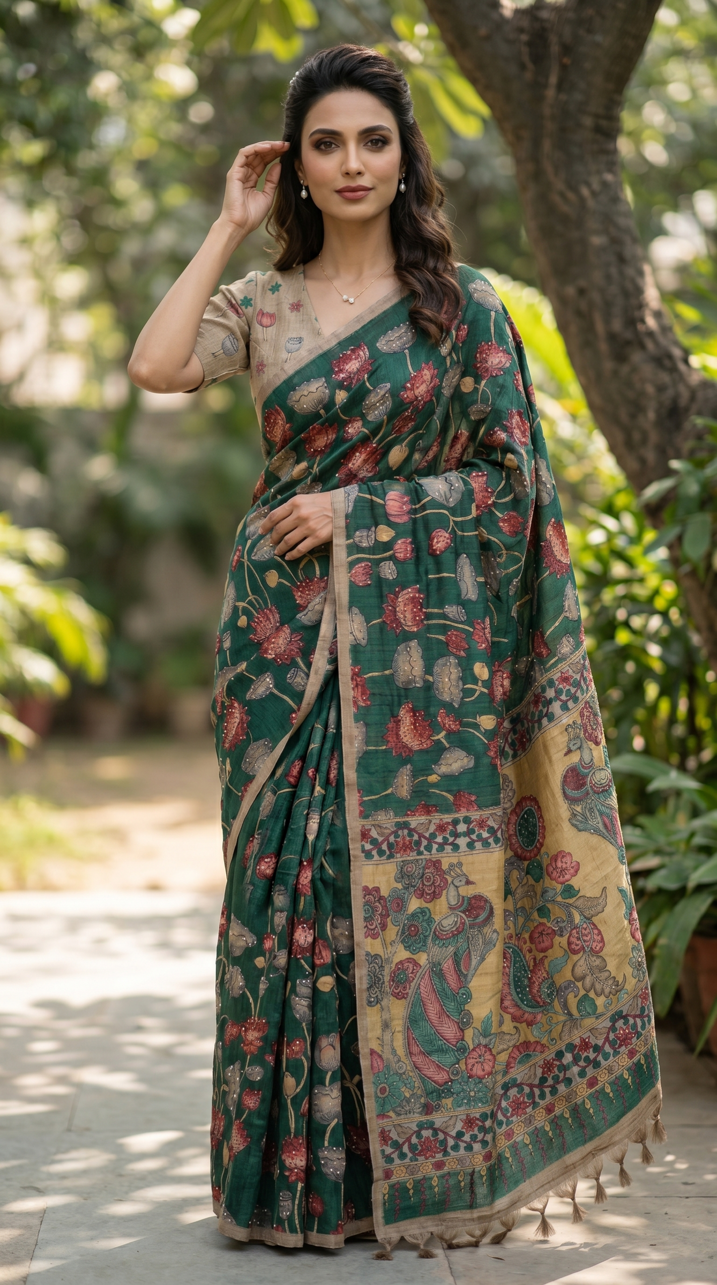 Forest Green Kalamkari Saree