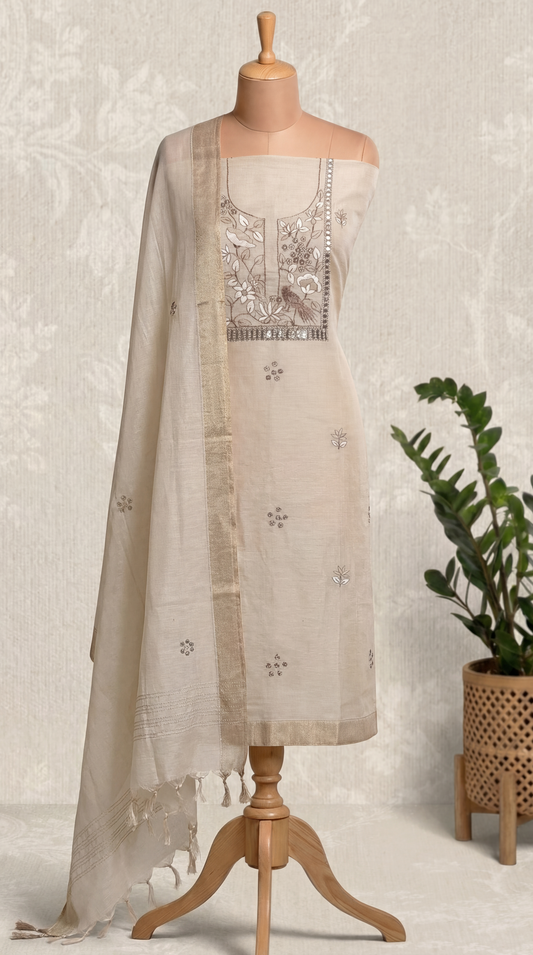 Off-White Resham Embroidery Linen Unstitched Suit Set