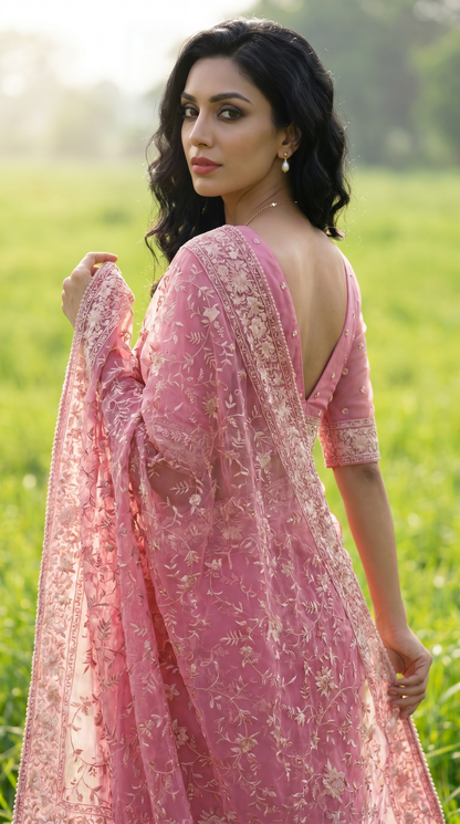 Organza pink Saree