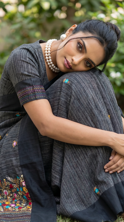 Charcoal Grey Linen Saree