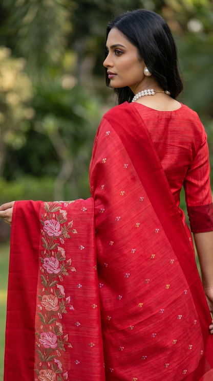 Red Tussar Silk Saree