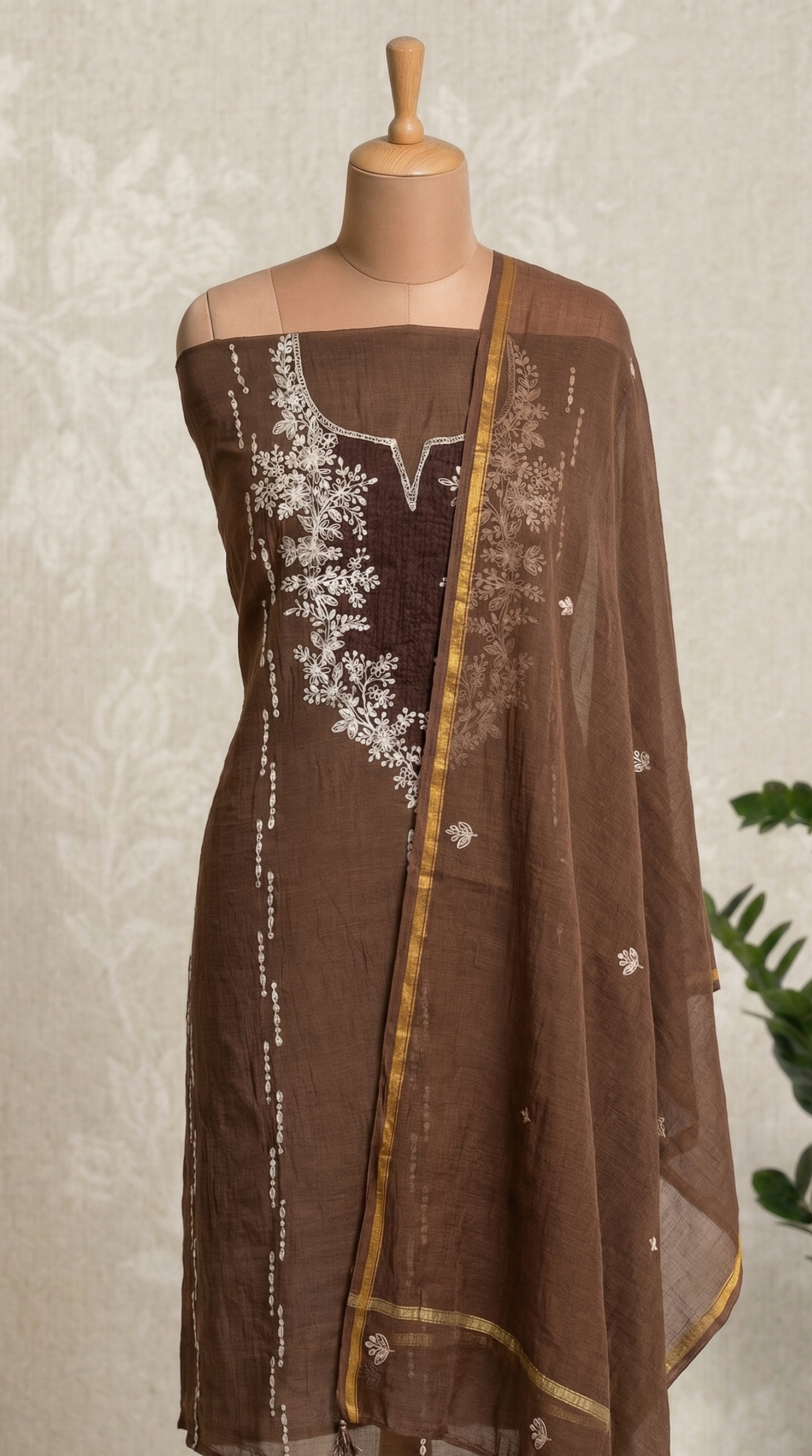 Mocha Brown Pitta Embroidery Mul Mul Unstitched Suit Set