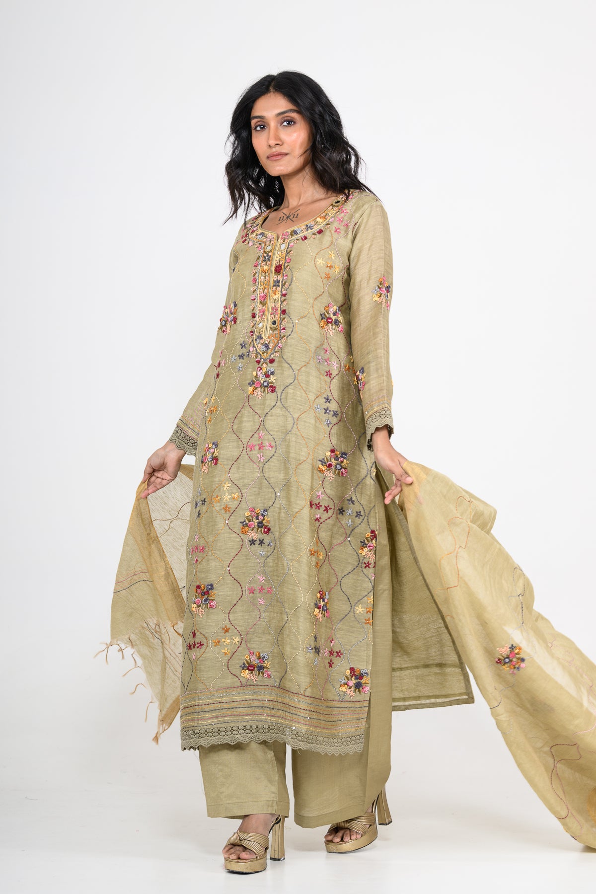 Sage Green Thread Embroidered Pure Linen Kurta Set & Dupatta