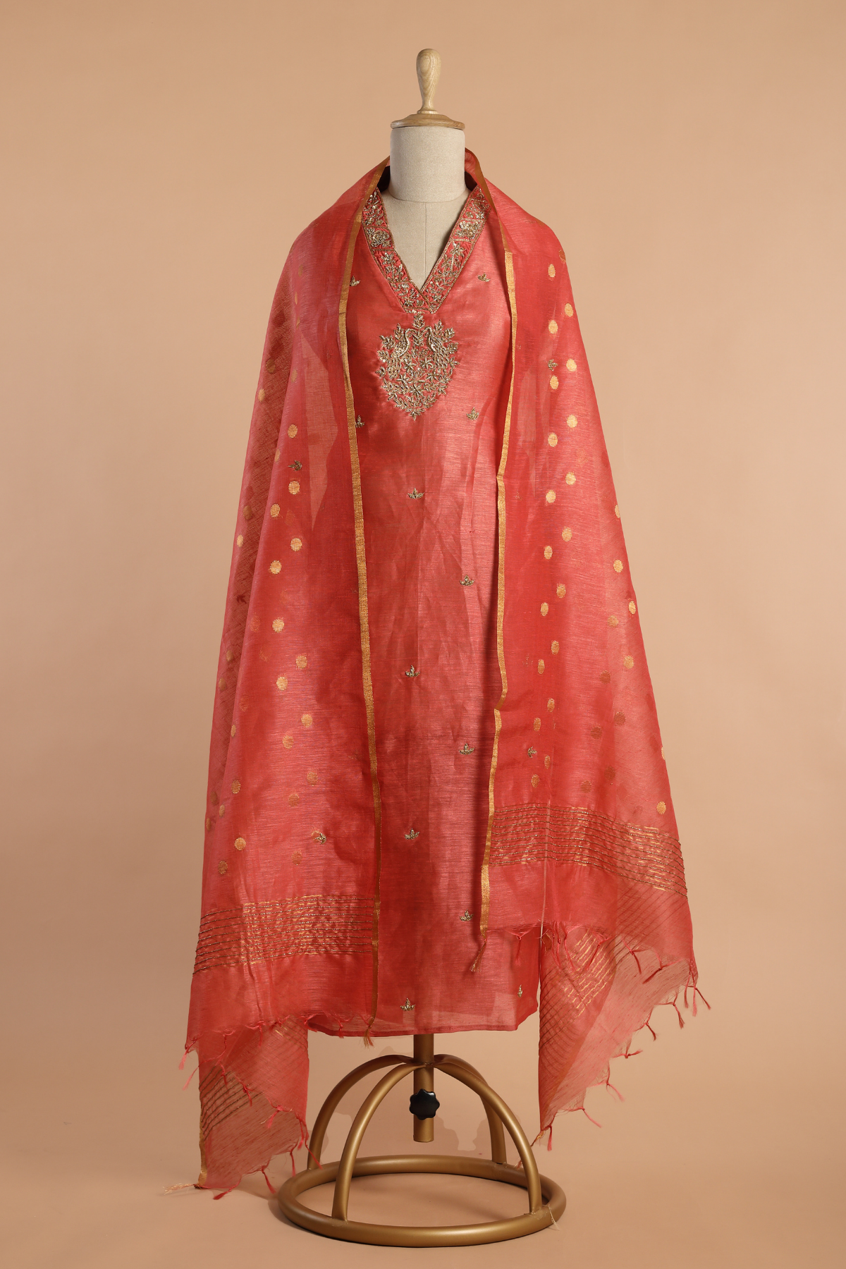 Tangerine Orange Tissue Linen Kurta Set wih Antique Gold Work