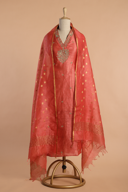 Tangerine Orange Tissue Linen Kurta Set wih Antique Gold Work