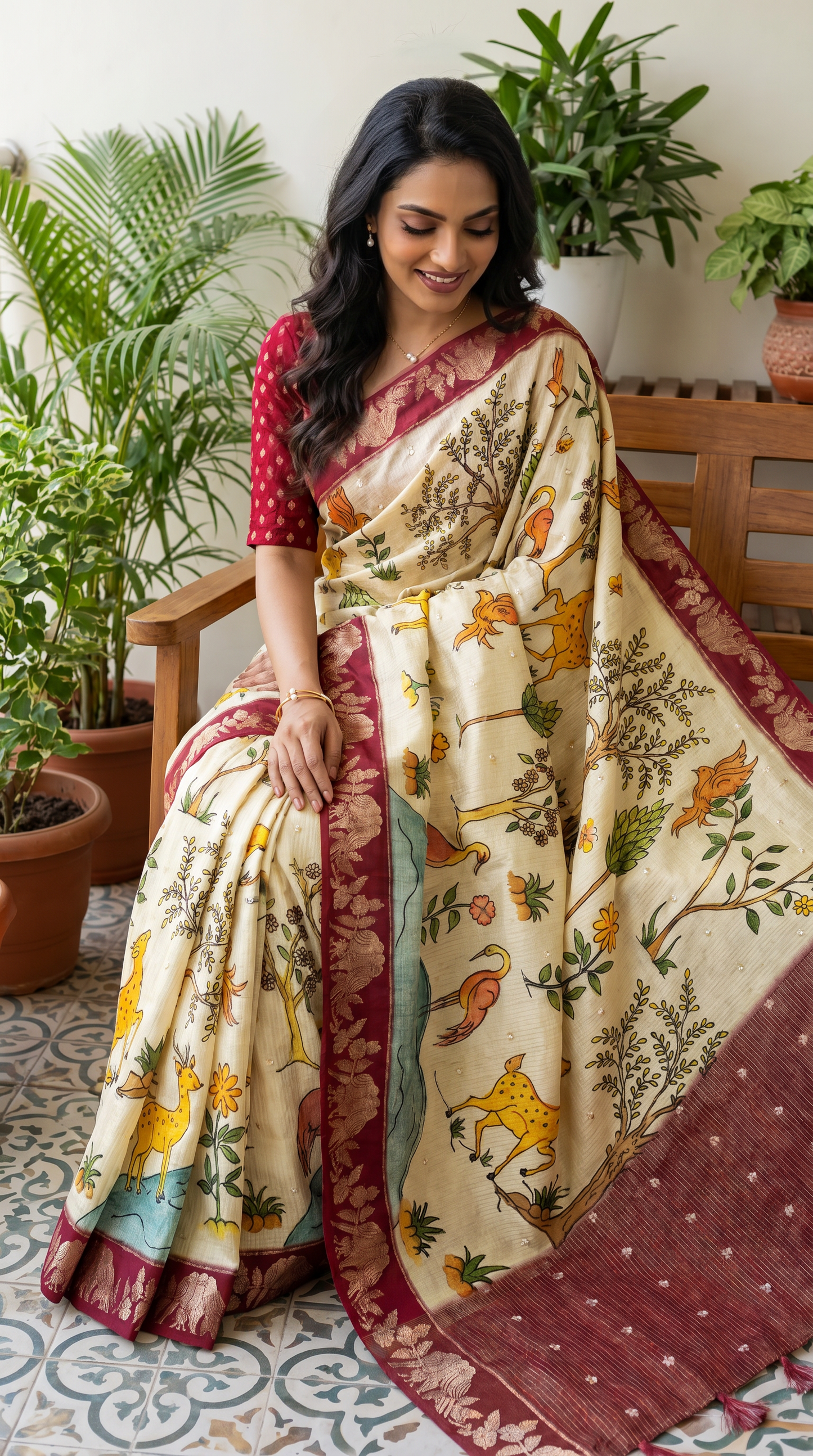 Cream Coloured Tussar Silk Saree