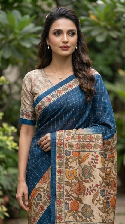 Deep Blue Tussar Silk Saree